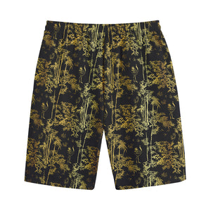 Gold And Black Japanese Bamboo Print Cotton Shorts