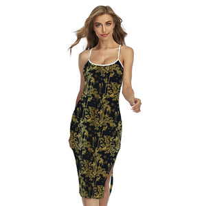 Gold And Black Japanese Bamboo Print Cross Back Cami Dress