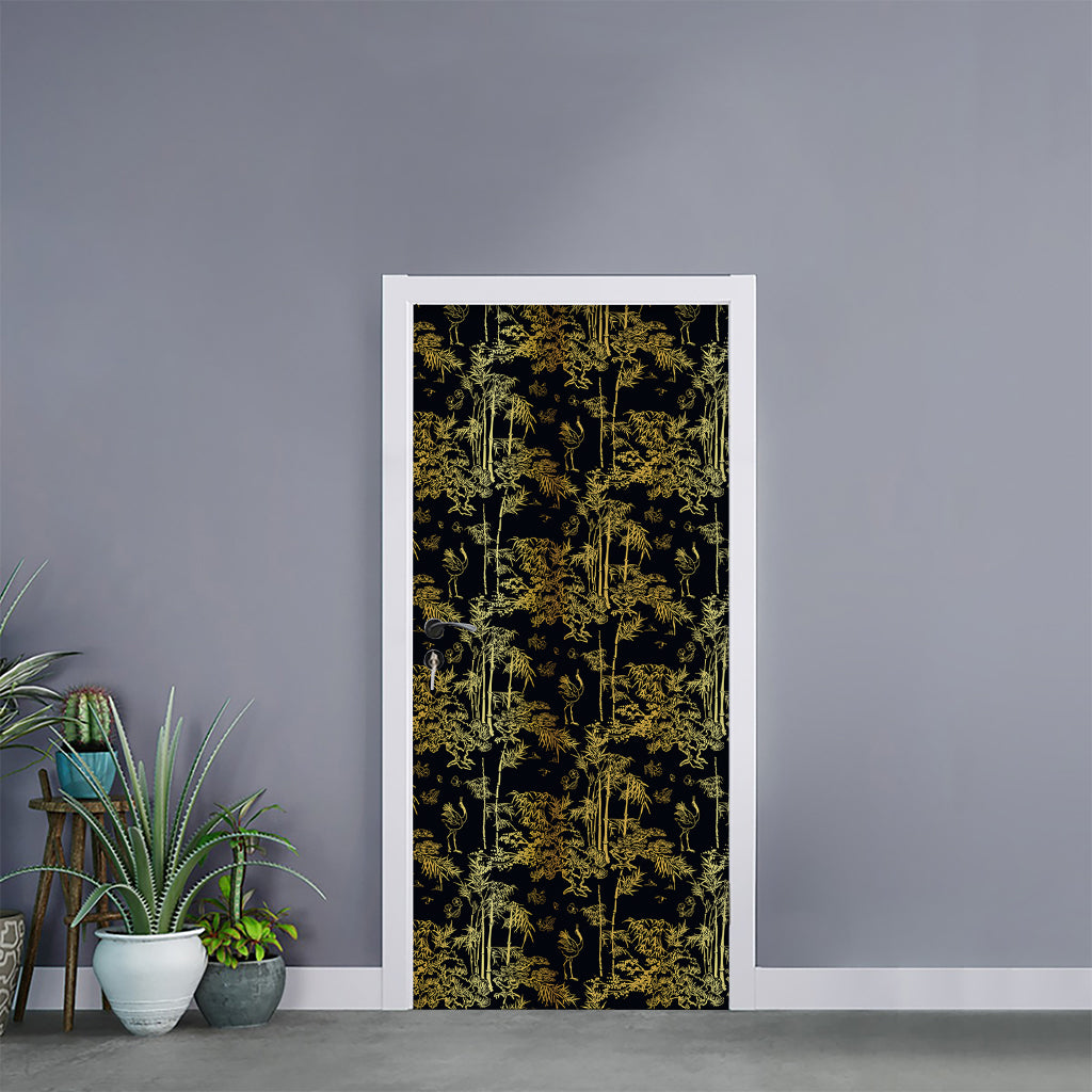 Gold And Black Japanese Bamboo Print Door Sticker