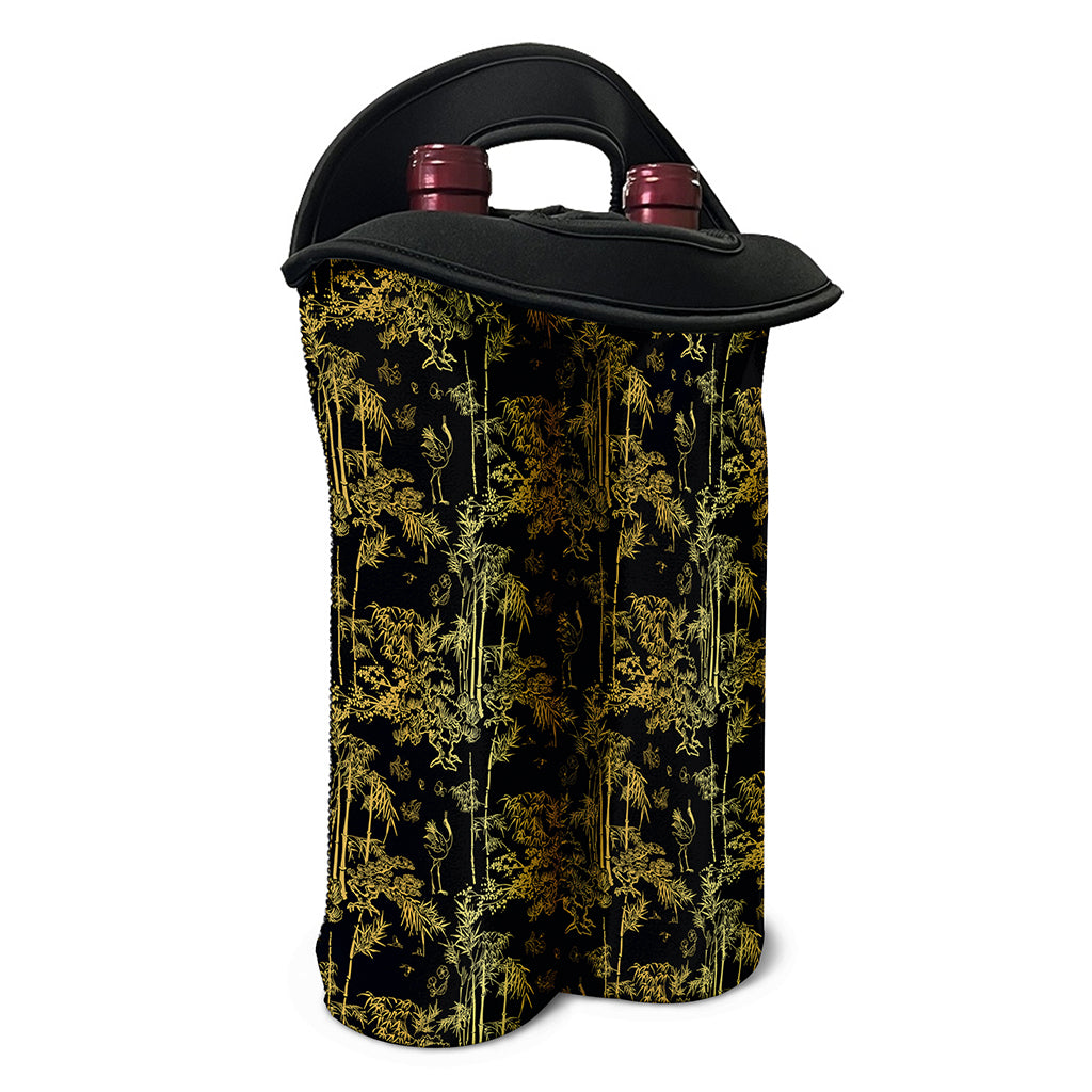 Gold And Black Japanese Bamboo Print Double Neoprene Wine Tote