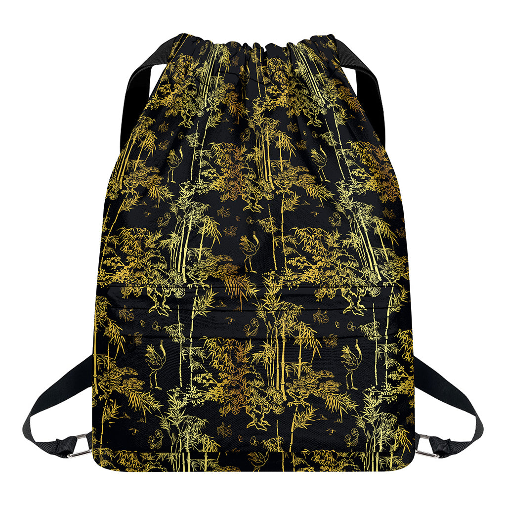 Gold And Black Japanese Bamboo Print Drawstring Backpack