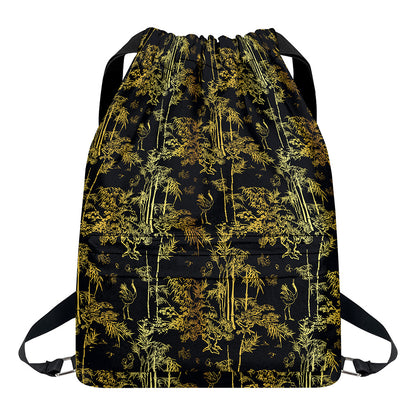 Gold And Black Japanese Bamboo Print Drawstring Backpack