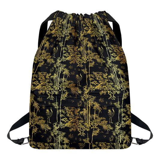 Gold And Black Japanese Bamboo Print Drawstring Backpack