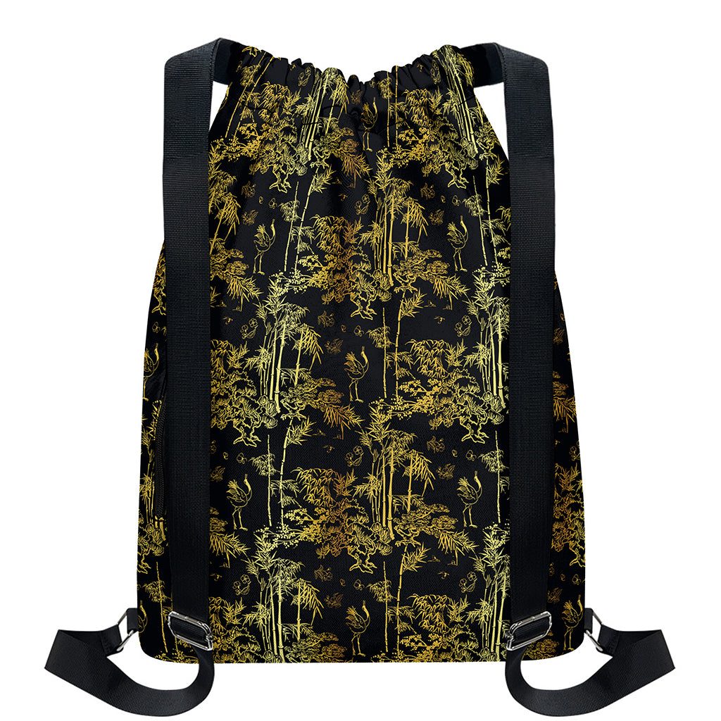 Gold And Black Japanese Bamboo Print Drawstring Backpack
