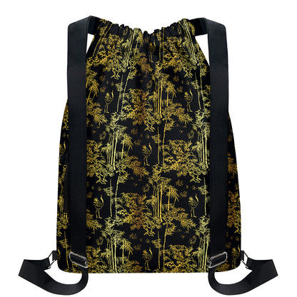 Gold And Black Japanese Bamboo Print Drawstring Backpack