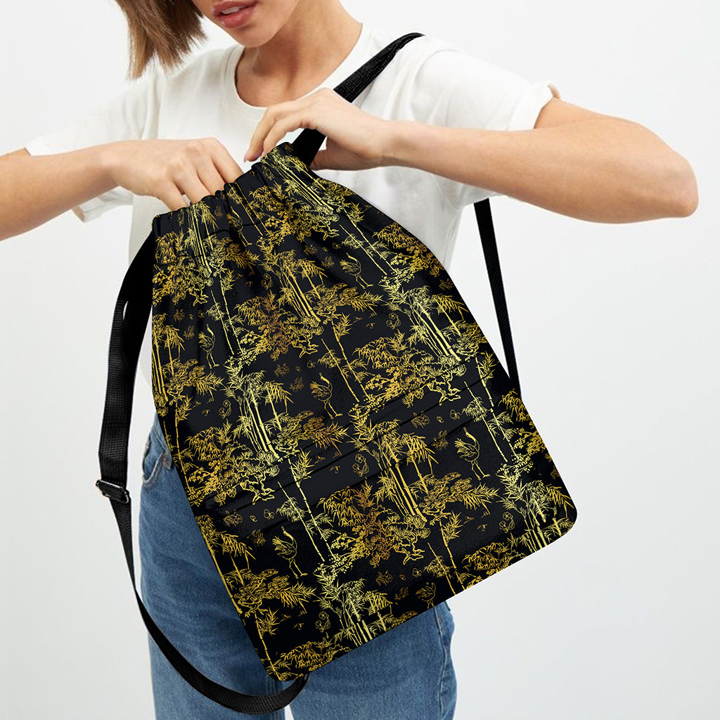 Gold And Black Japanese Bamboo Print Drawstring Backpack