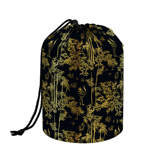 Gold And Black Japanese Bamboo Print Drawstring Makeup Bag