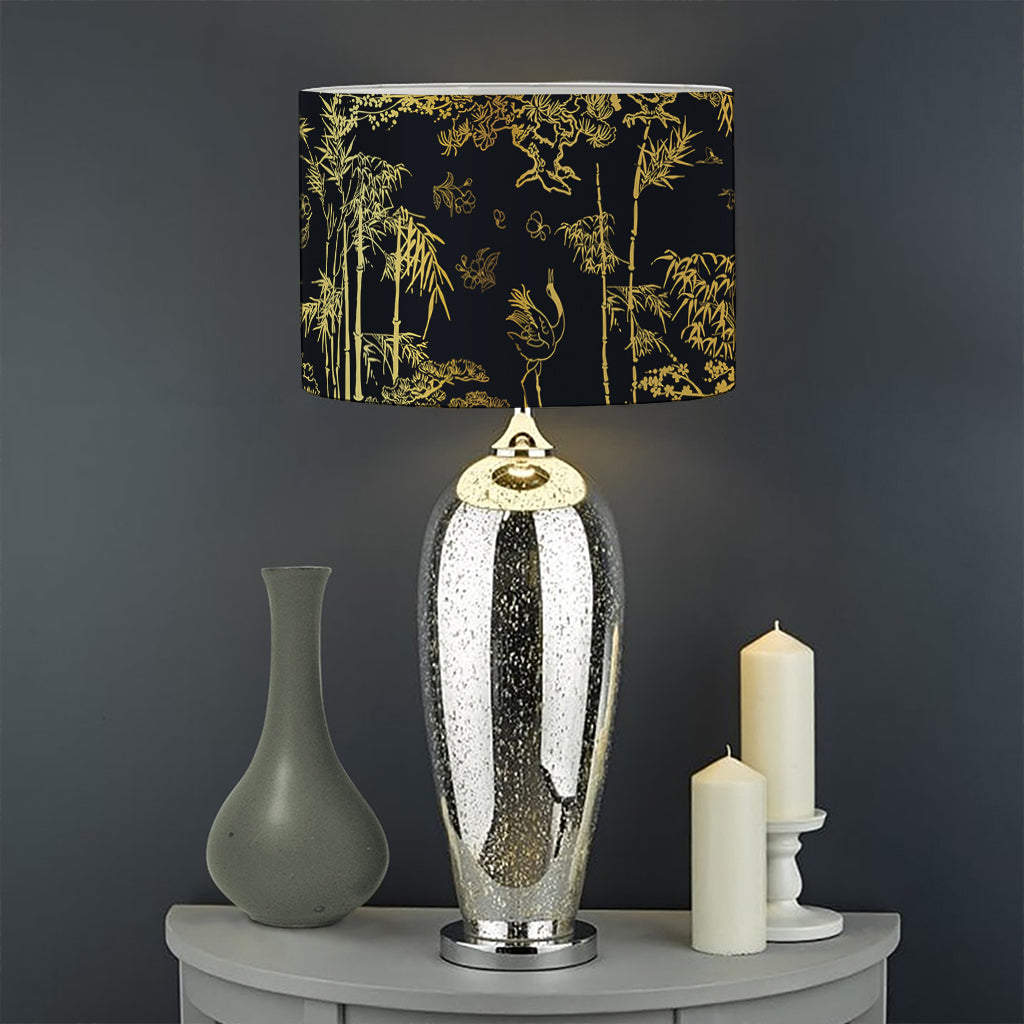 Gold And Black Japanese Bamboo Print Drum Lamp Shade