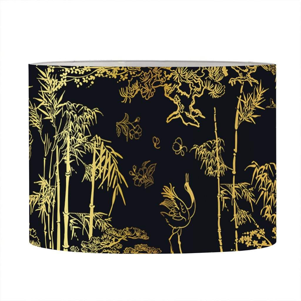Gold And Black Japanese Bamboo Print Drum Lamp Shade