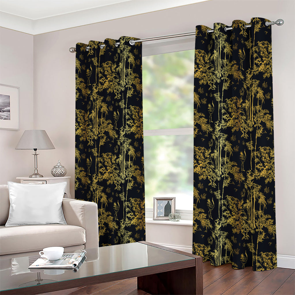 Gold And Black Japanese Bamboo Print Extra Wide Grommet Curtains