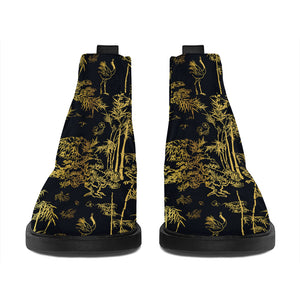 Gold And Black Japanese Bamboo Print Flat Ankle Boots