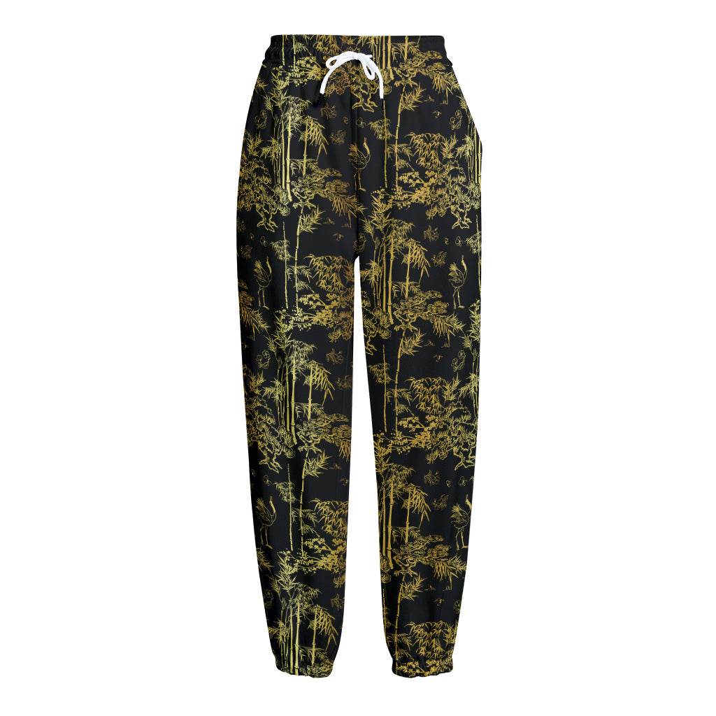 Gold And Black Japanese Bamboo Print Fleece Lined Knit Pants