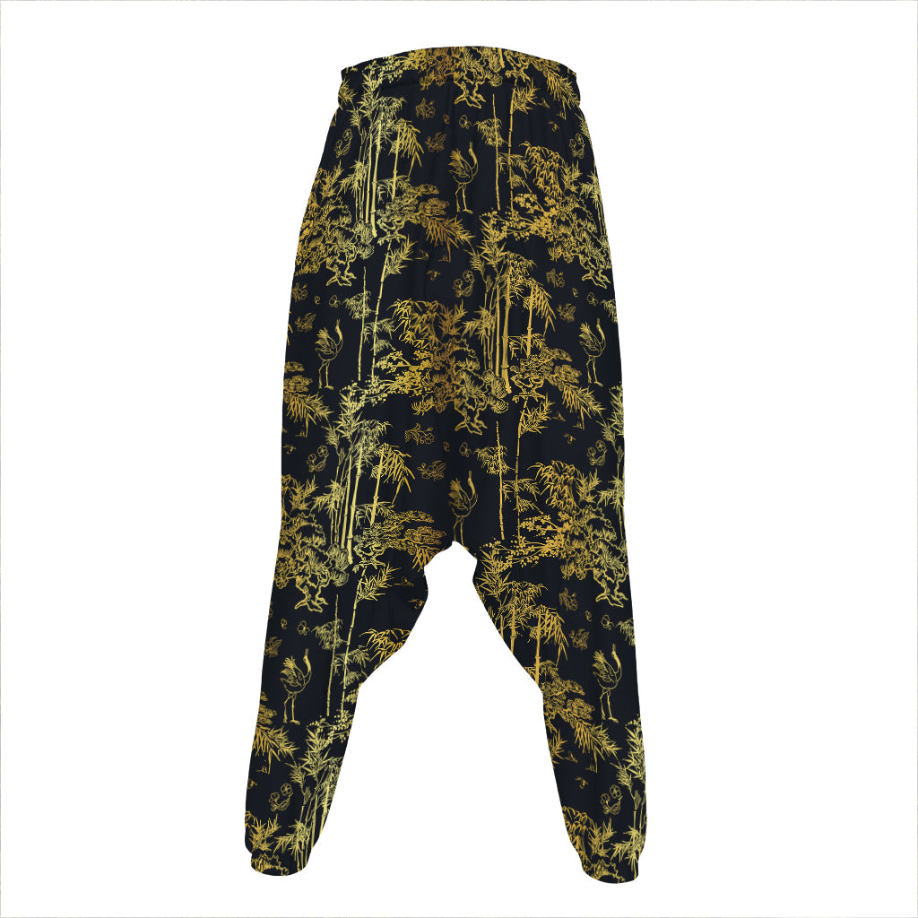 Gold And Black Japanese Bamboo Print Hammer Pants