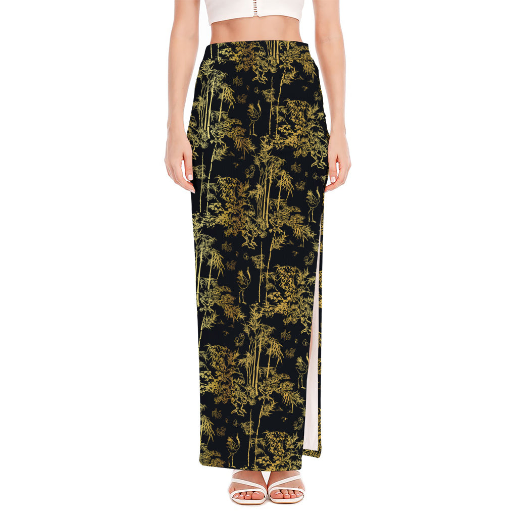 Gold And Black Japanese Bamboo Print High Slit Maxi Skirt