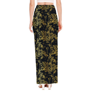 Gold And Black Japanese Bamboo Print High Slit Maxi Skirt