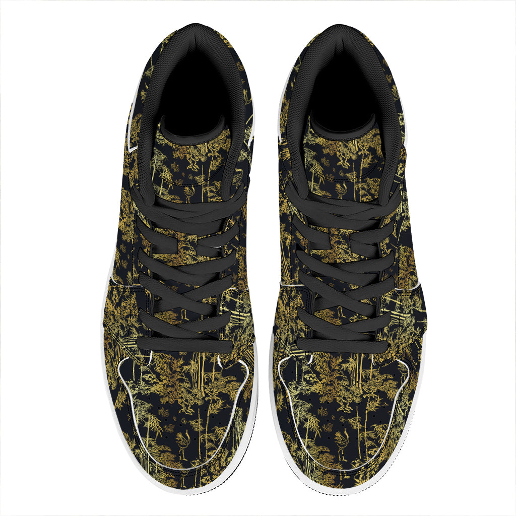 Gold And Black Japanese Bamboo Print High Top Leather Sneakers