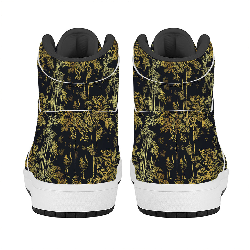 Gold And Black Japanese Bamboo Print High Top Leather Sneakers