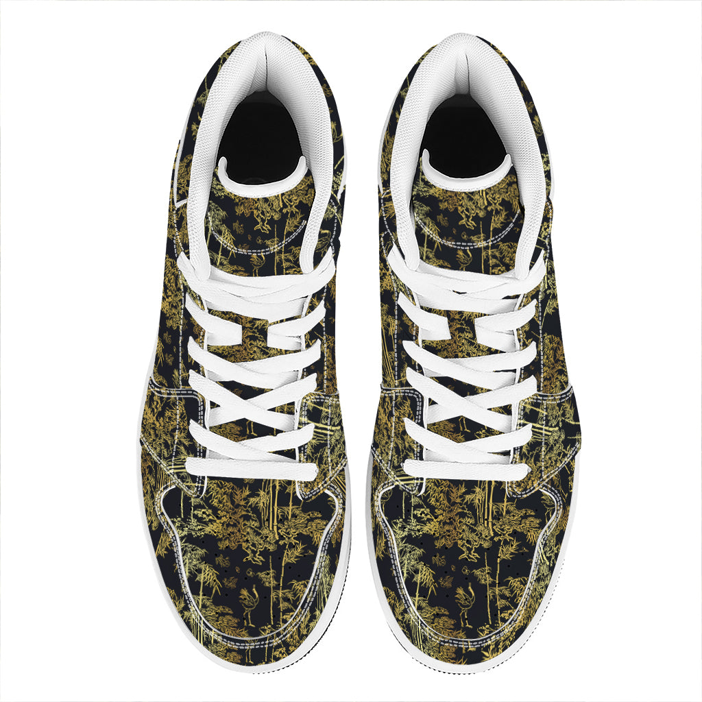 Gold And Black Japanese Bamboo Print High Top Leather Sneakers