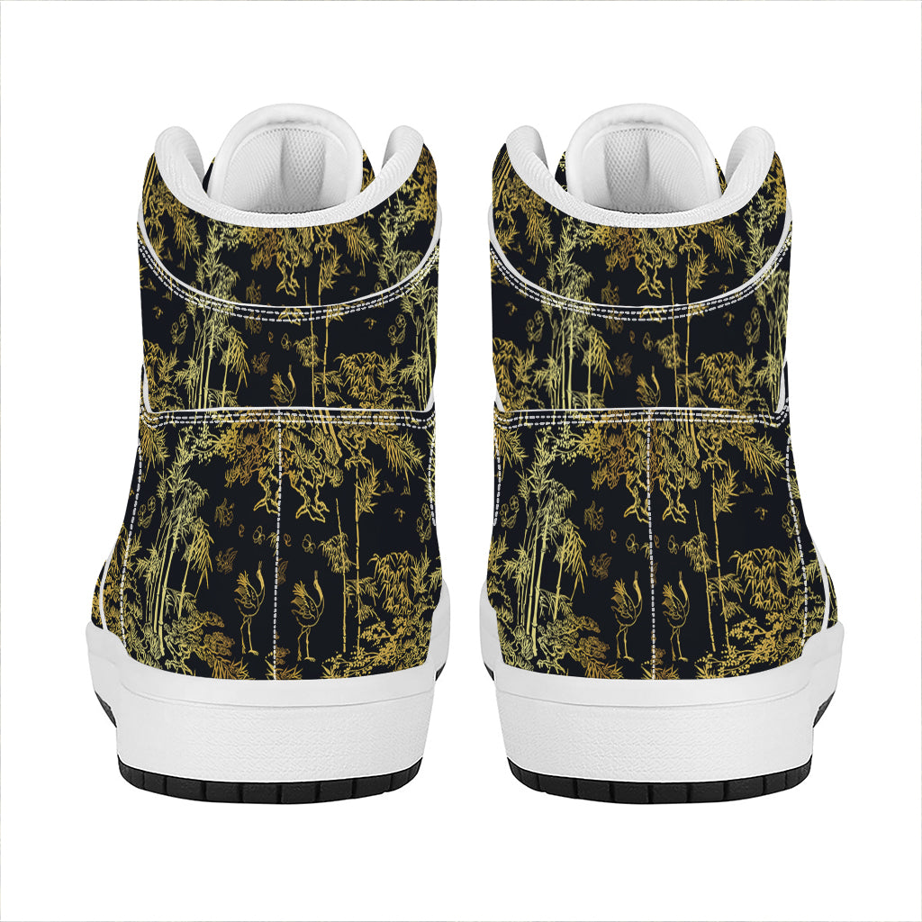 Gold And Black Japanese Bamboo Print High Top Leather Sneakers