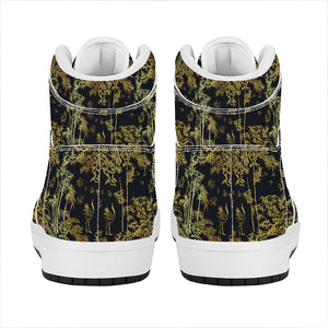 Gold And Black Japanese Bamboo Print High Top Leather Sneakers