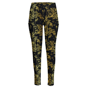 Gold And Black Japanese Bamboo Print High-Waisted Pocket Leggings