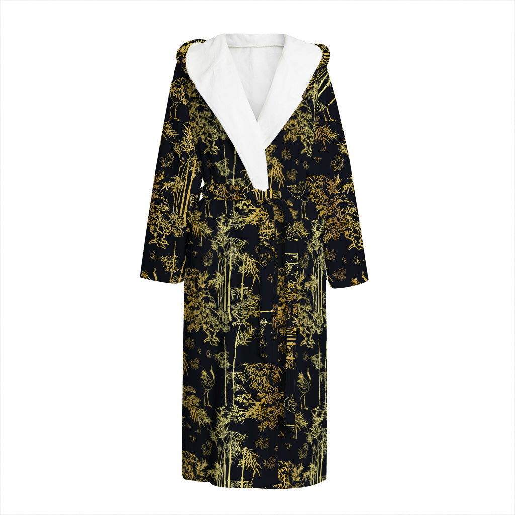 Gold And Black Japanese Bamboo Print Hooded Bathrobe