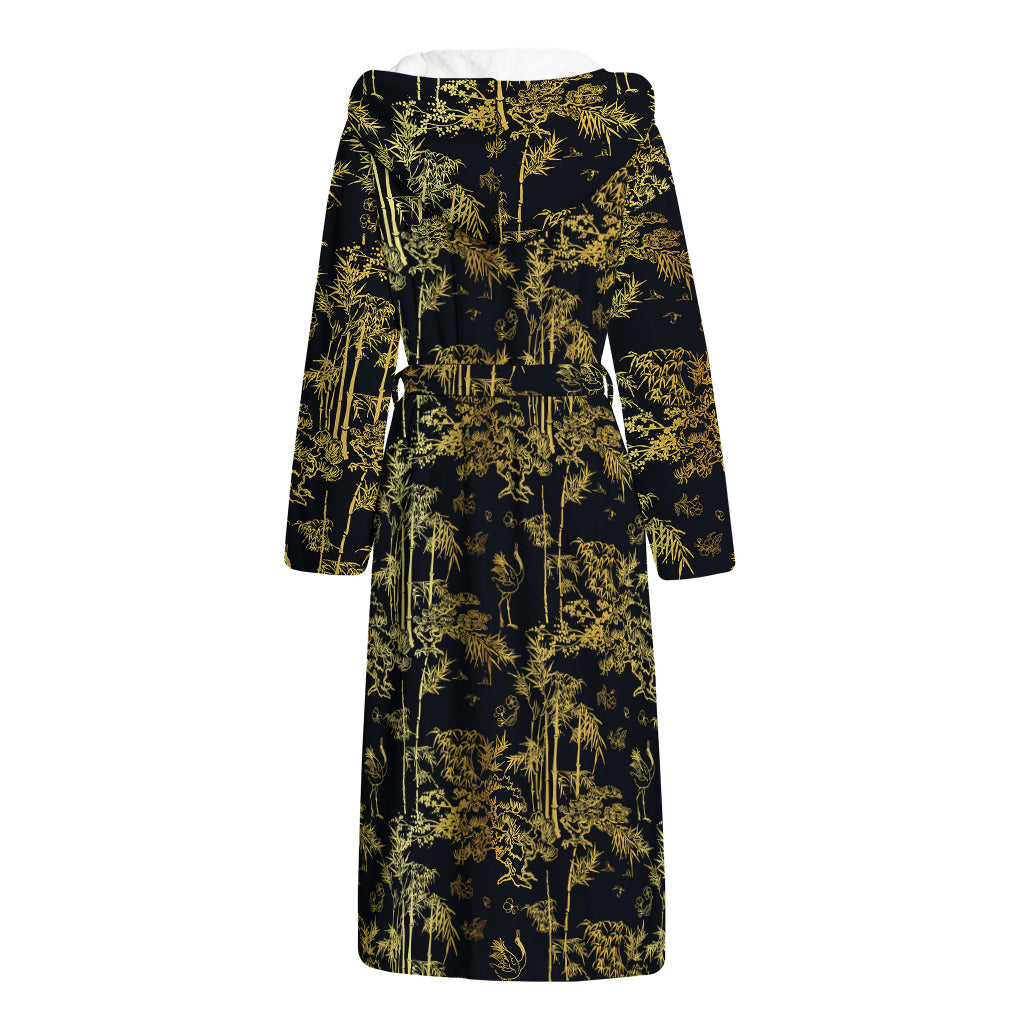 Gold And Black Japanese Bamboo Print Hooded Bathrobe