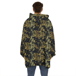 Gold And Black Japanese Bamboo Print Hoodie Blanket