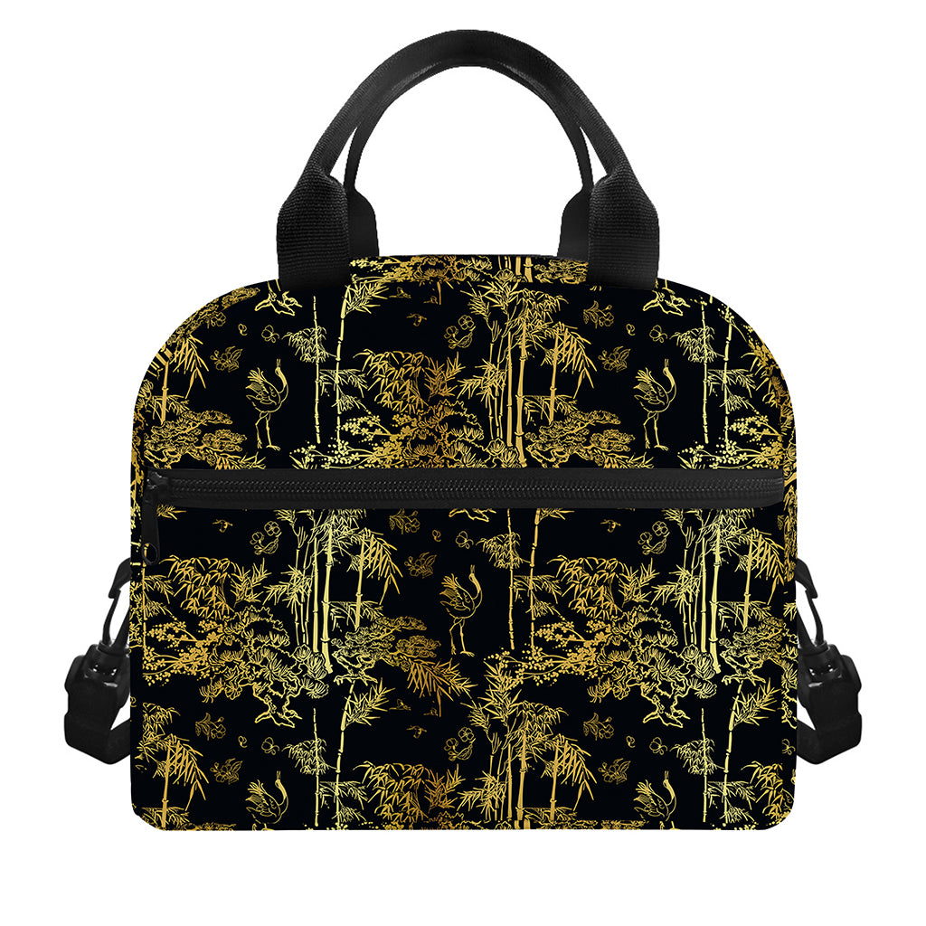 Gold And Black Japanese Bamboo Print Insulated Lunch Bag