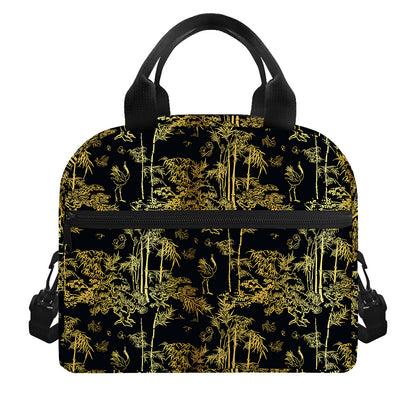 Gold And Black Japanese Bamboo Print Insulated Lunch Bag