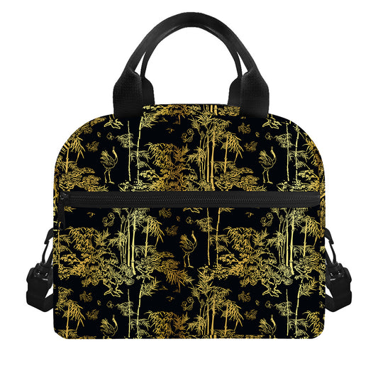 Gold And Black Japanese Bamboo Print Insulated Lunch Bag