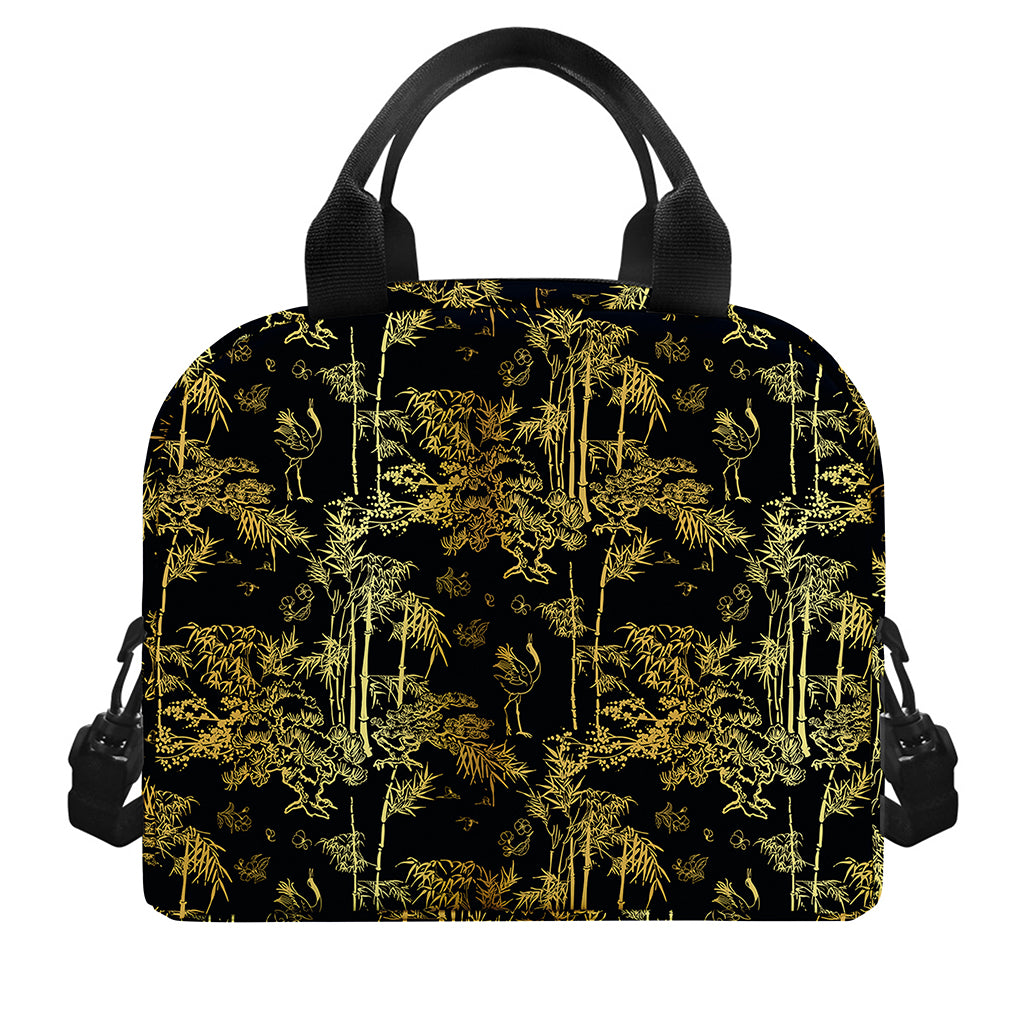 Gold And Black Japanese Bamboo Print Insulated Lunch Bag