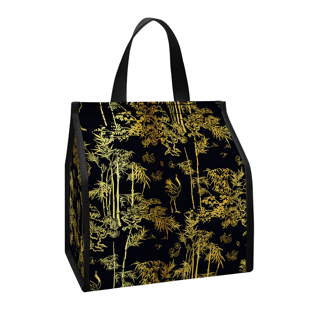 Gold And Black Japanese Bamboo Print Insulated Lunch Tote