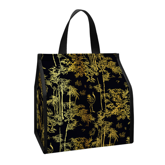 Gold And Black Japanese Bamboo Print Insulated Lunch Tote