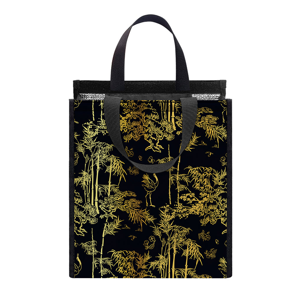 Gold And Black Japanese Bamboo Print Insulated Lunch Tote