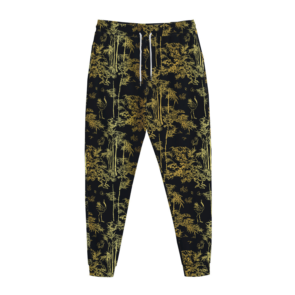 Gold And Black Japanese Bamboo Print Jogger Pants