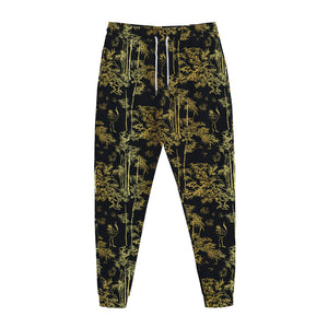 Gold And Black Japanese Bamboo Print Jogger Pants