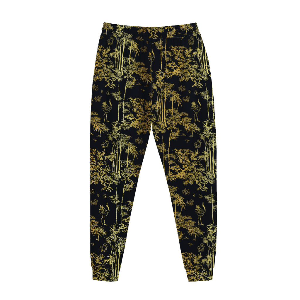 Gold And Black Japanese Bamboo Print Jogger Pants