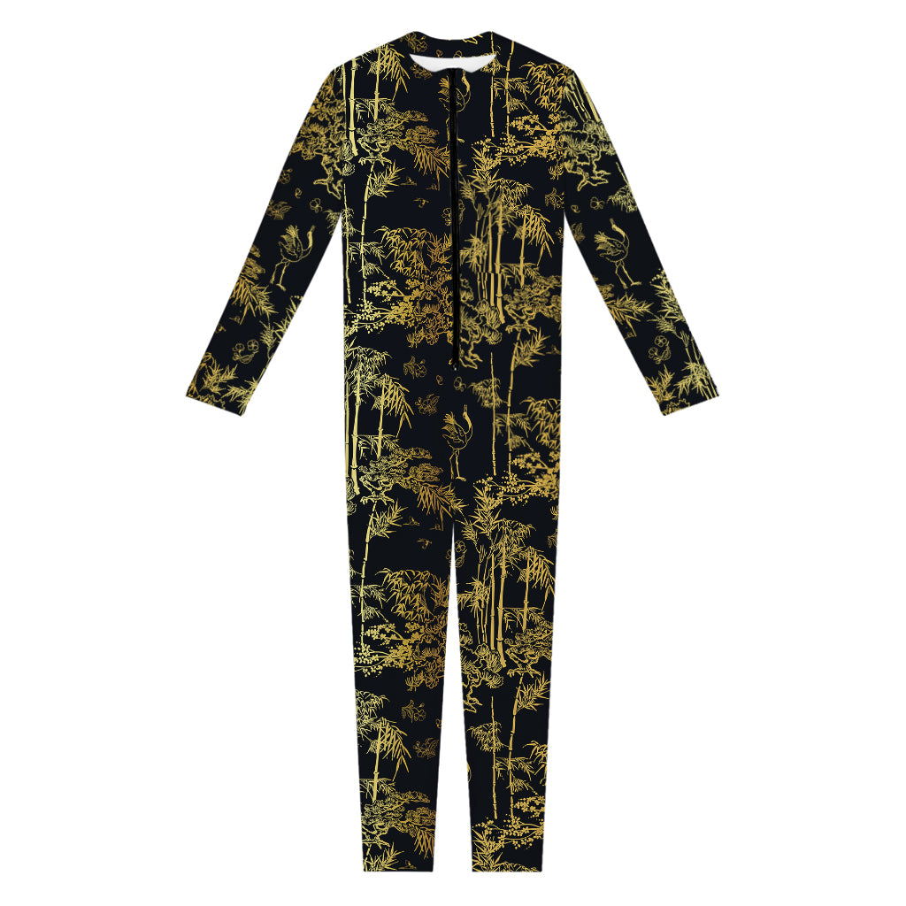 Gold And Black Japanese Bamboo Print Jumpsuit