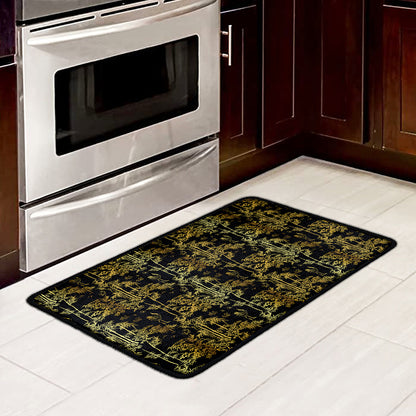 Gold And Black Japanese Bamboo Print Kitchen Mat