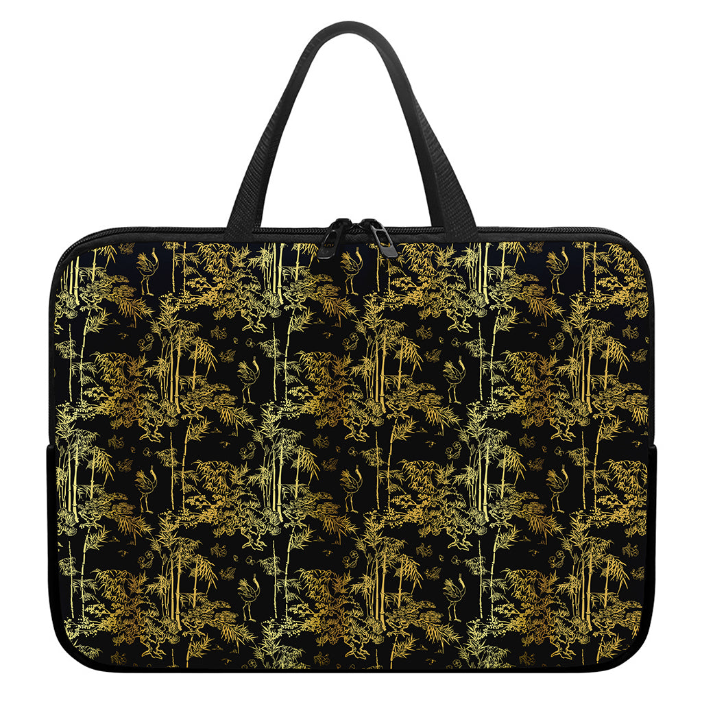 Gold And Black Japanese Bamboo Print Laptop Sleeve With Handle