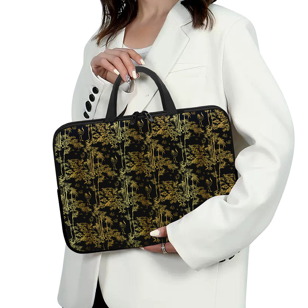 Gold And Black Japanese Bamboo Print Laptop Sleeve With Handle