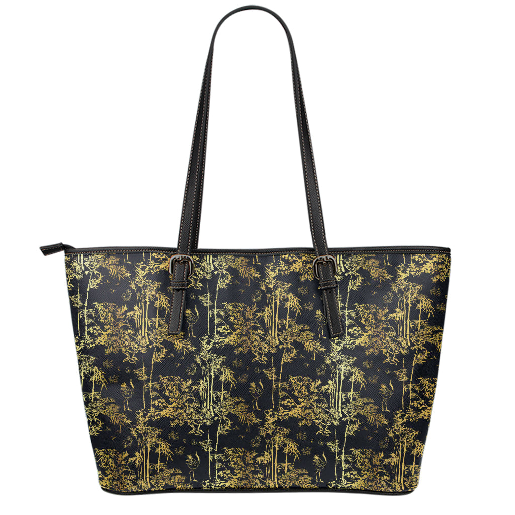 Gold And Black Japanese Bamboo Print Leather Tote Bag