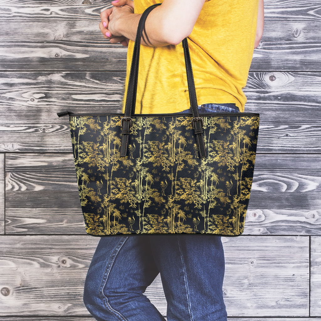 Gold And Black Japanese Bamboo Print Leather Tote Bag