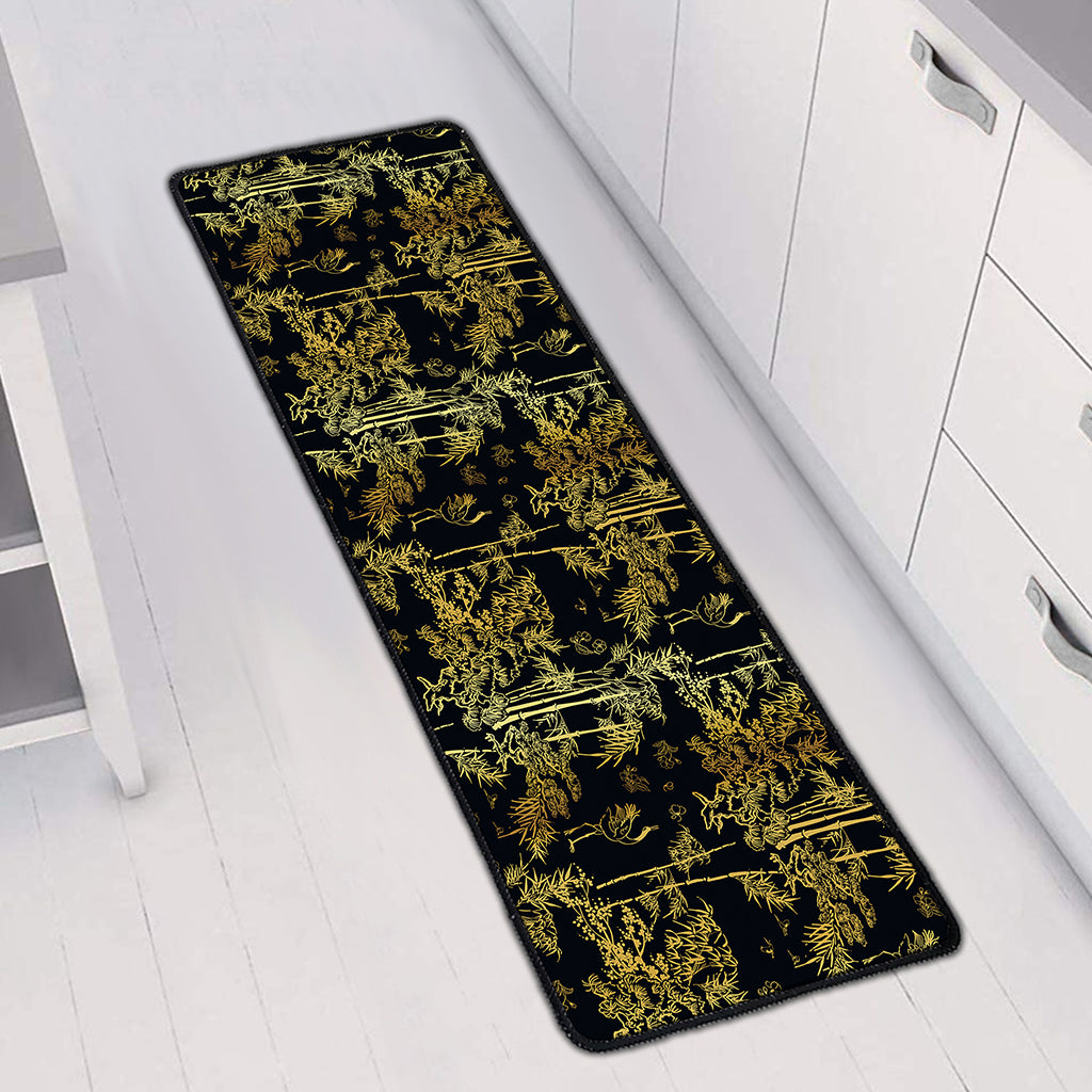 Gold And Black Japanese Bamboo Print Long Kitchen Mat