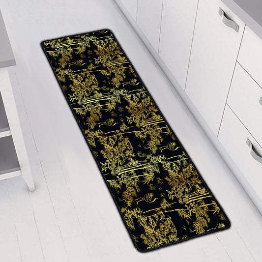 Gold And Black Japanese Bamboo Print Long Kitchen Mat