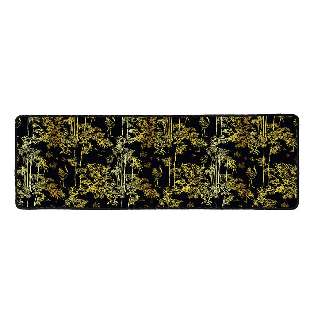 Gold And Black Japanese Bamboo Print Long Kitchen Mat