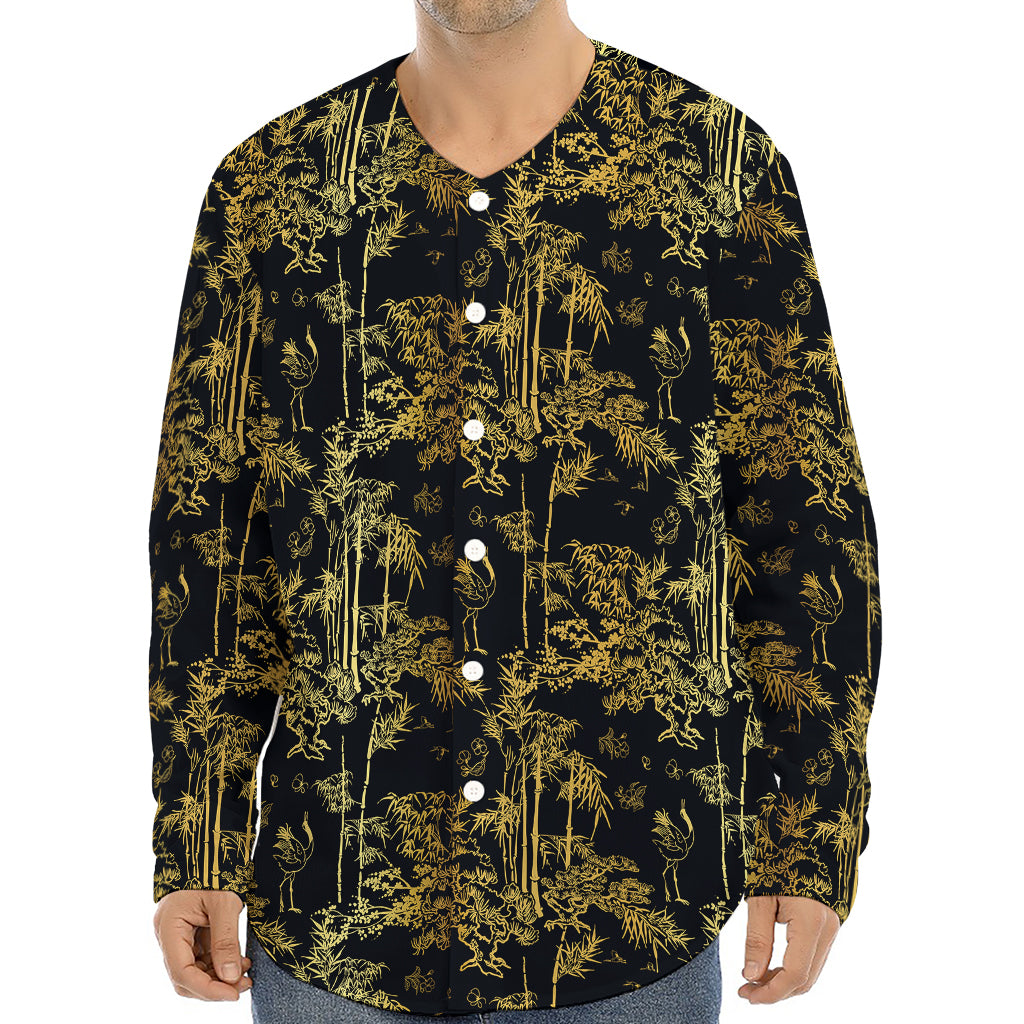 Gold And Black Japanese Bamboo Print Long Sleeve Baseball Jersey