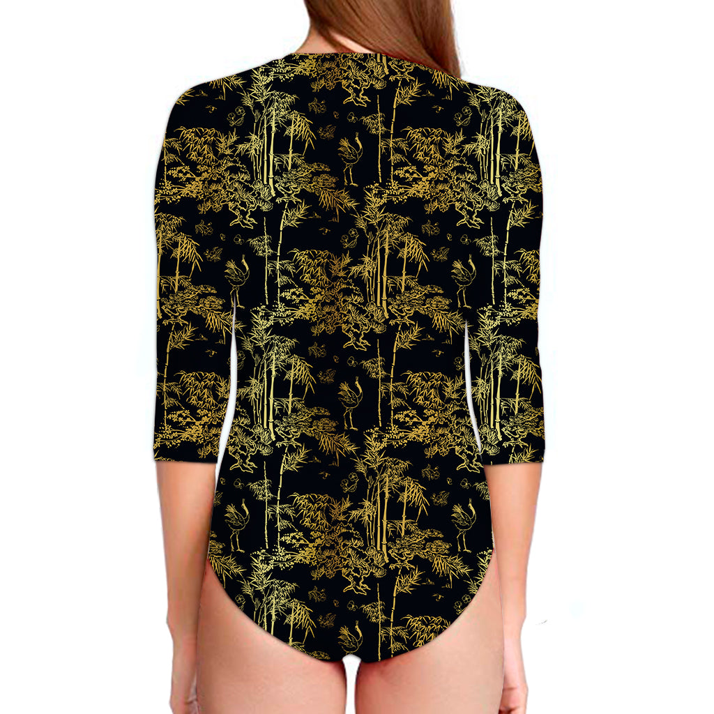 Gold And Black Japanese Bamboo Print Long Sleeve Swimsuit