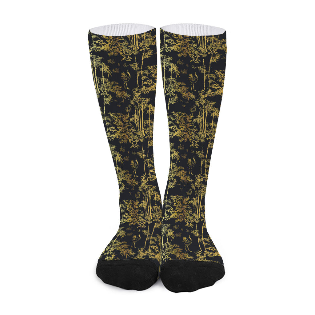 Gold And Black Japanese Bamboo Print Long Socks